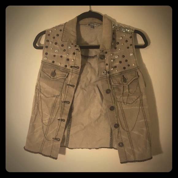 Grey worn down sequin stoned vest with chains