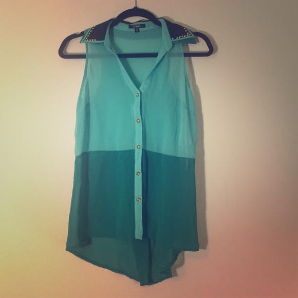 Teal collared blouse with coat tail pleat