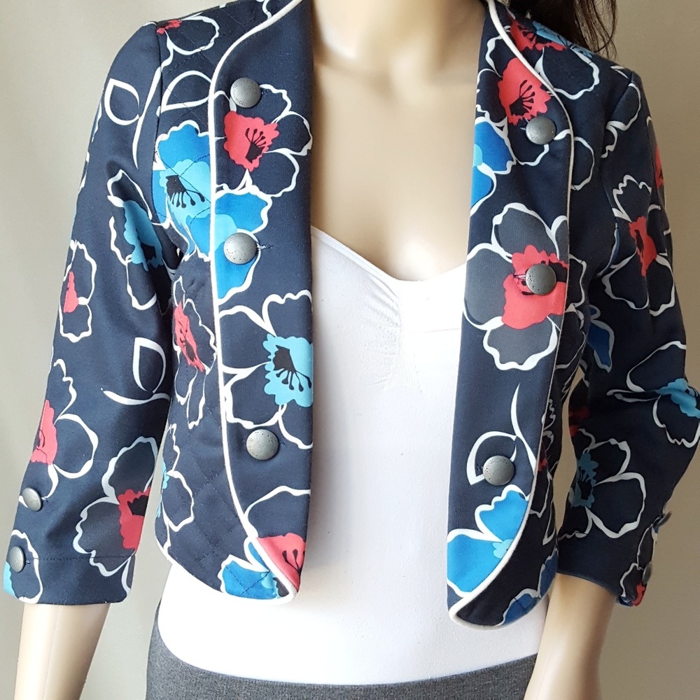 Forever 21 Womens Blazer Sz S Blue Floral 3/4 Slv