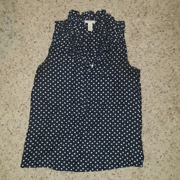J. Crew 100% silk navy polka dot ruffle blouse
