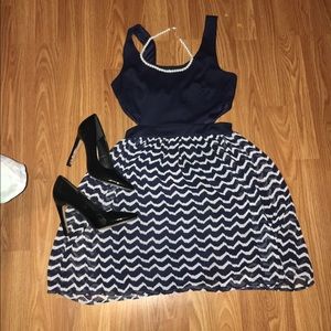 Cut out sides, navy blue and white dress