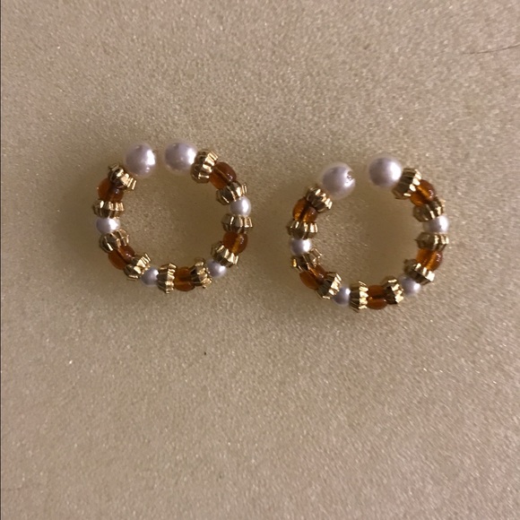 Earrings-pearl and amber color hoops