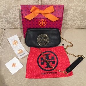 Tory Burch black crossbody clutch bag w/ gold logo