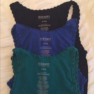 Three Old Navy maternity tees with crochet details