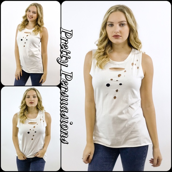 NWT White Distressed Holes Layering Tank Top - Picture 2 of 4
