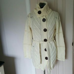 Cream, cowl neck belted sweater coat