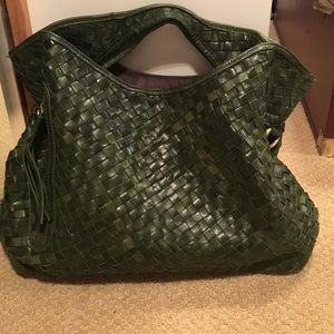 Woven green leather bag