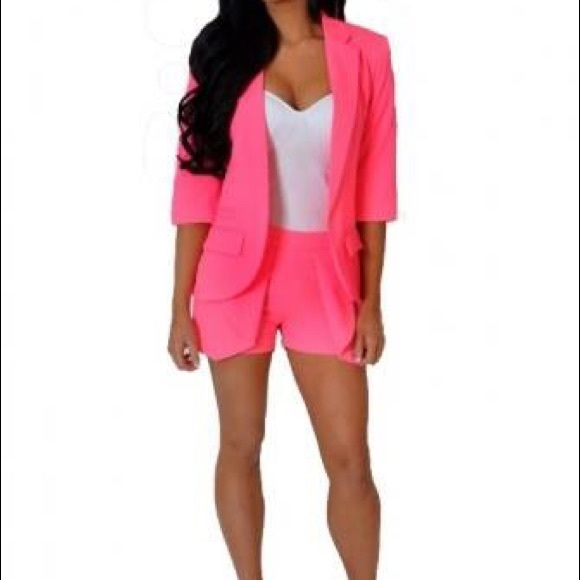 hot pink blazer and shorts