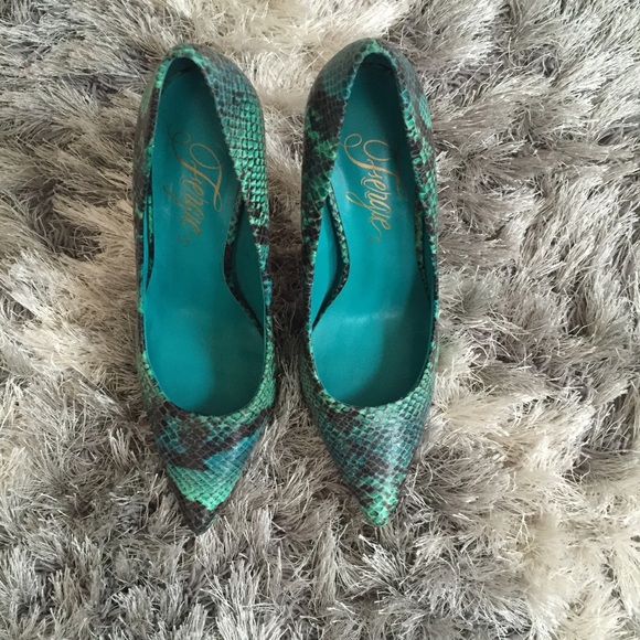Fergie blue snake print heels