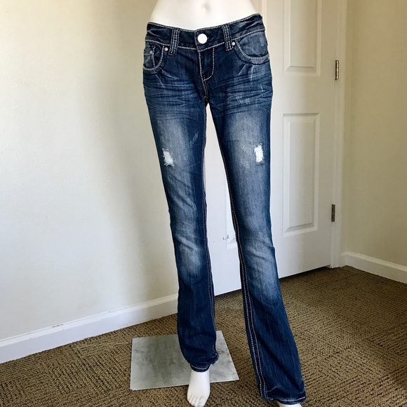Premium Denim Bootcut Distressed Dark Washed Jeans