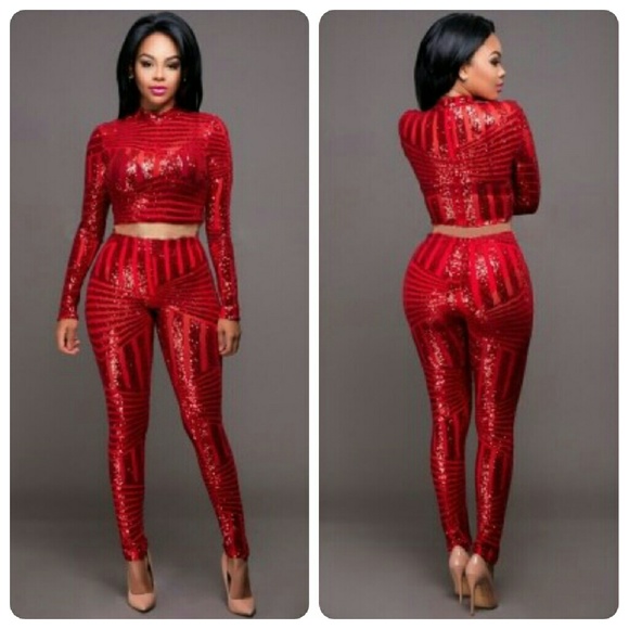 unknown  Other - 2 PIECE RED SEQUINS CROP TOP AND PANTS