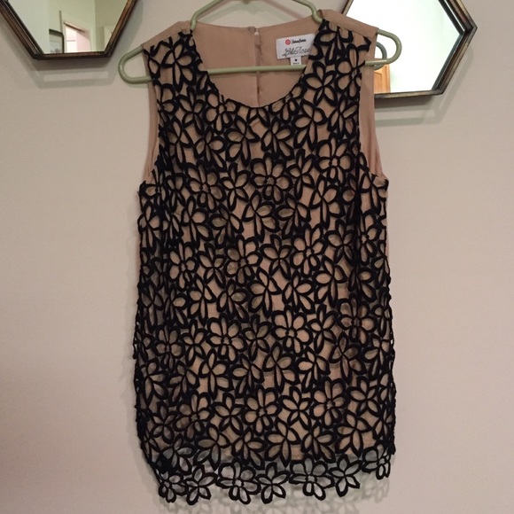 Black floral lace tank w/ nude lining by Lela Rose