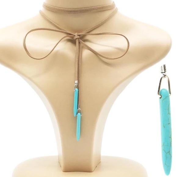 2/$10! Turquoise Pendant Tan Vegan Choker - Picture 2 of 3