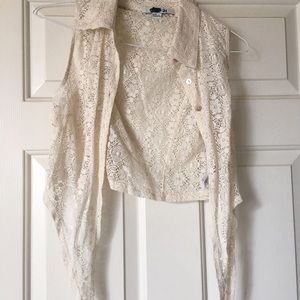 Lace vest/sleeveless cardigan with tie at bottom!