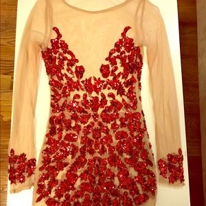 Red and nude sequin long sleeve dress
