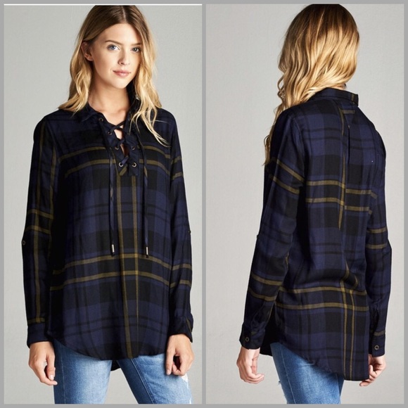 Plaid Lace Up Blouse - Picture 2 of 4