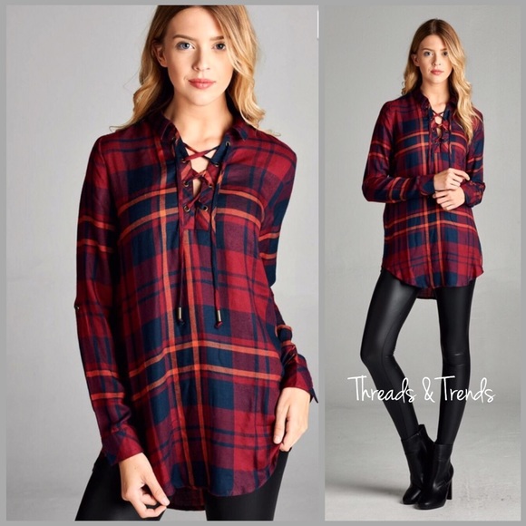 Plaid Lace Up Blouse - Picture 4 of 4