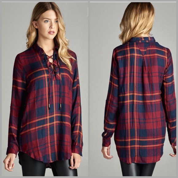 LAST ONE! 🌸Plaid Lace Up Blouse - Picture 2 of 3