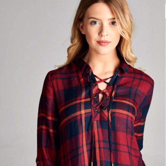 LAST ONE! 🌸Plaid Lace Up Blouse - Picture 3 of 3