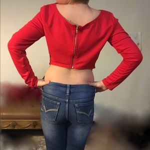 Red Long Sleeve Cropped Top with Zipper on back.