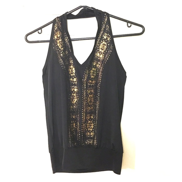 Black V - Gold Sparkle Halter Neck Top