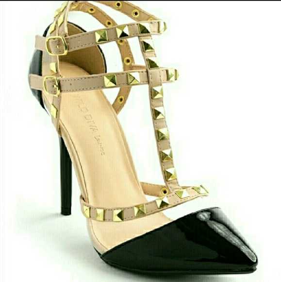 Nude and black studded heels