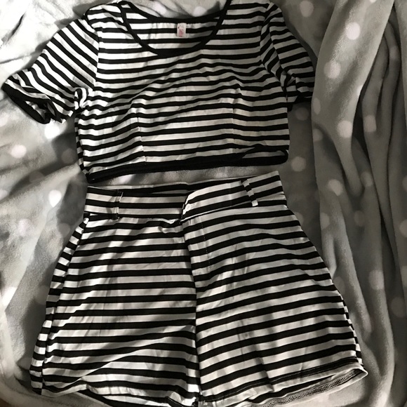 Black and white striped shorts and crop top set