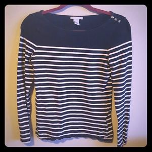 Blue long sleeve shirt with white stripes
