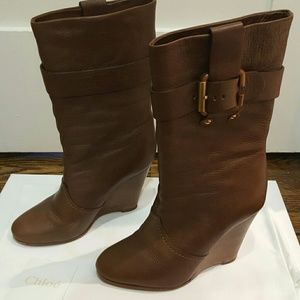 Chloe Brown Wedge Boots with Buckle 37.5