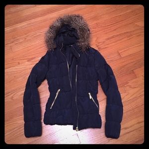 H&M Navy Jacket with faux fur hood