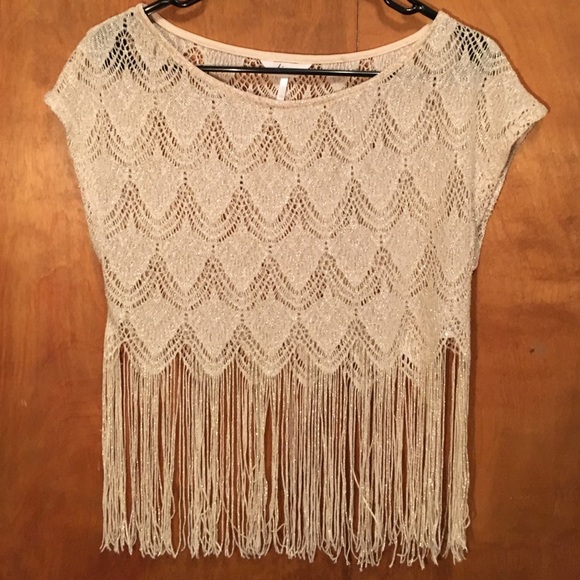Sparkly ivory and gold Kirra crop top with fringe!