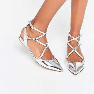 ALDO Eddiva silver metallic strapping flat