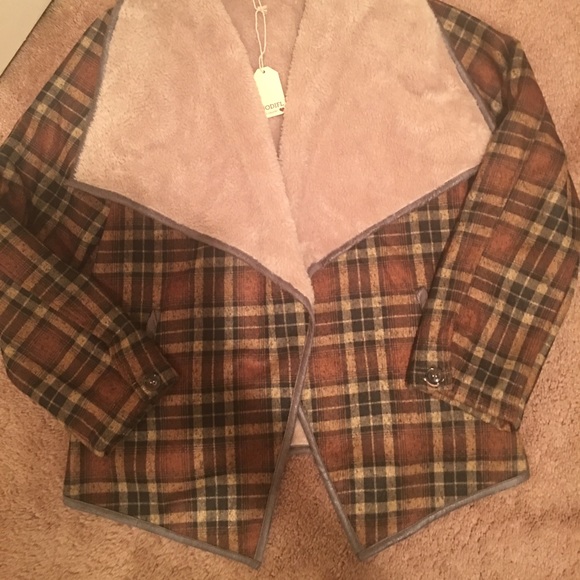 SMALL ONLY Fur Lined Plaid Jacket-BROWN - Picture 3 of 4