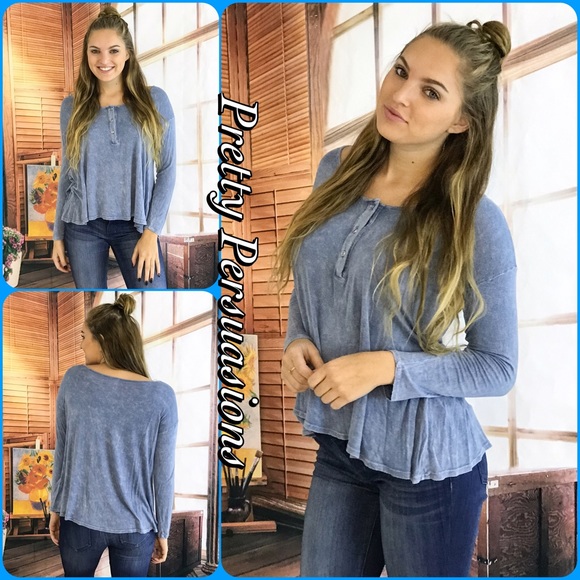 SOLD OUT‼️ NWT Washed Blue Long Sleeve Henley Top - Picture 2 of 4