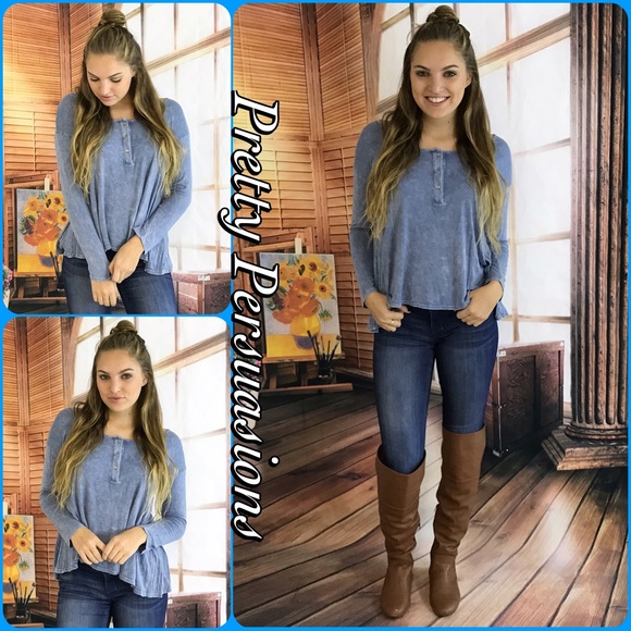 SOLD OUT‼️ NWT Washed Blue Long Sleeve Henley Top - Picture 3 of 4