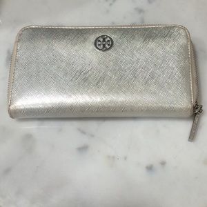 Silver Tory Burch Ziparound Saffiano Wallet