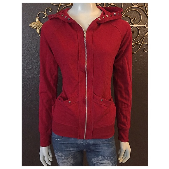 Red studded long sleeve zip up hooded sweater M