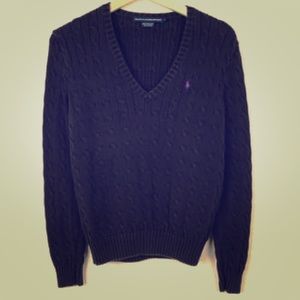 Ralph Lauren Sport Cable Knit V-Neck Black Sweater