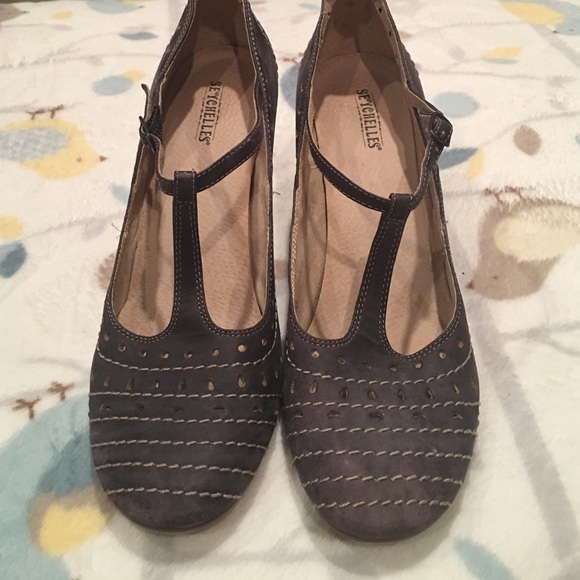 Seychelles blue leather heeled t-straps.