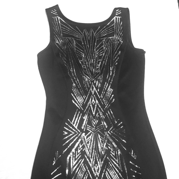 Black body con dress w/ metallic appliqué