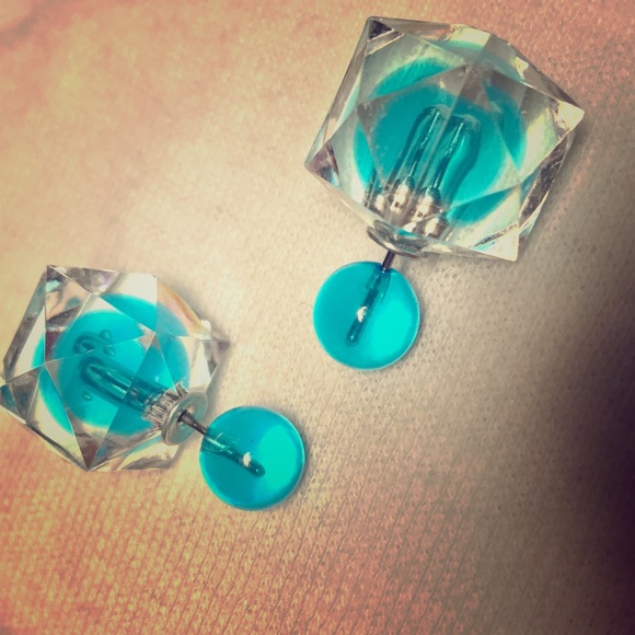 Neon sky blue double stud "crystal" earrings.