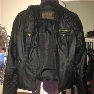 Full zip black leather jacket with hood