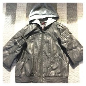 Grey faux leather bomber w/hood