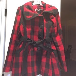 A buffalo plaid jacket, in black and red.