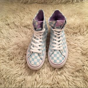 Baby blue checkered high top VANS