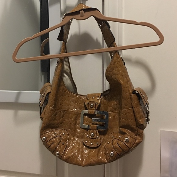 Guess brown patent leather handbag
