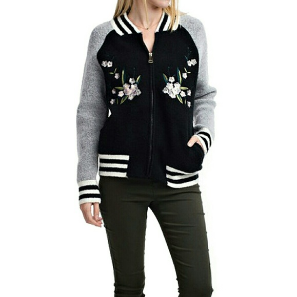 Black varsity jacket with floral embroidery