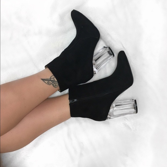 Restock!!Black suede clear heel booties - Picture 2 of 4