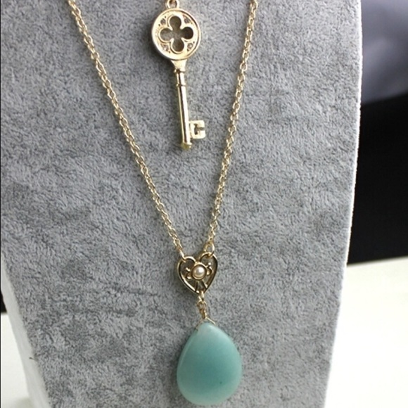 Turquoise Pendant And Key Necklace - Picture 2 of 3