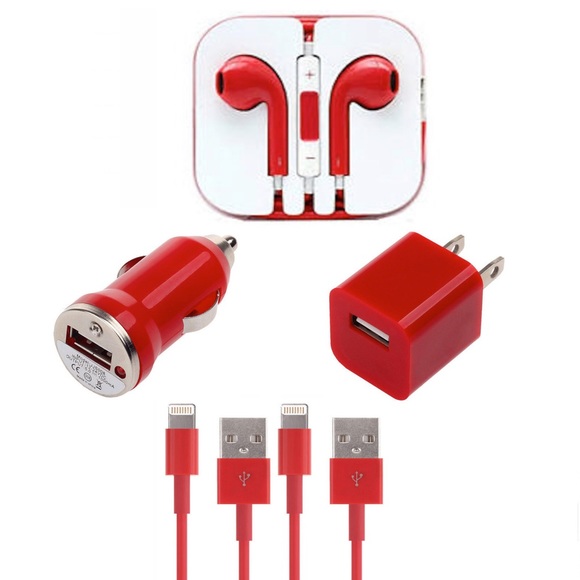 Red iPhone Bundle-Headphone, Cables, Chargers - Picture 1 of 1
